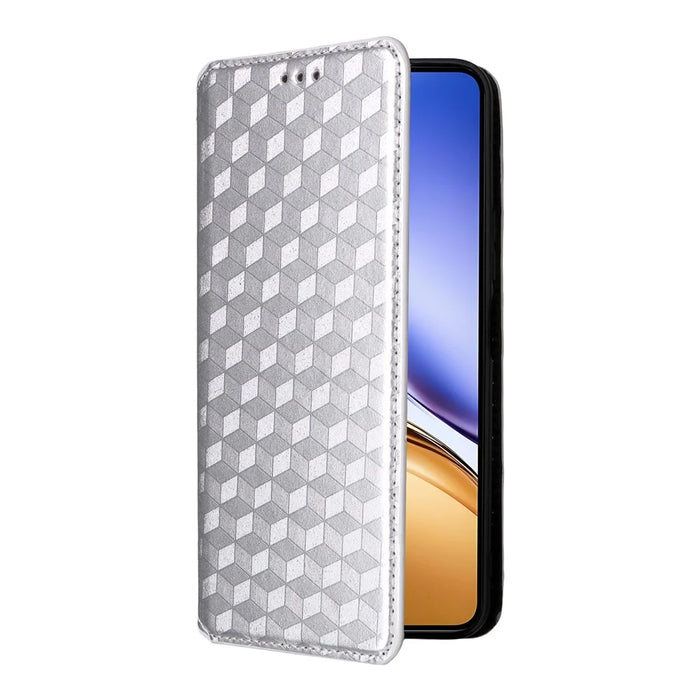 For Realme 14T 5G / 14 5G Case Wallet Rhombus Imprinted Leather Phone Cover - Silver - 6
