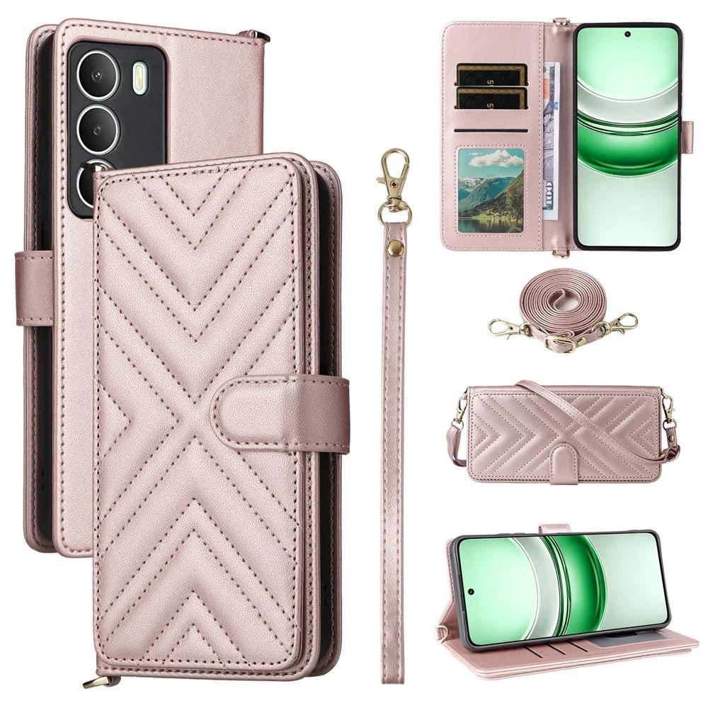 Phone Case For Realme C73 5G / 14x 5G / V70 5G / V70s 5G Leather Cover Stand Wallet with Shoulder / Wrist Strap - Pink - 1
