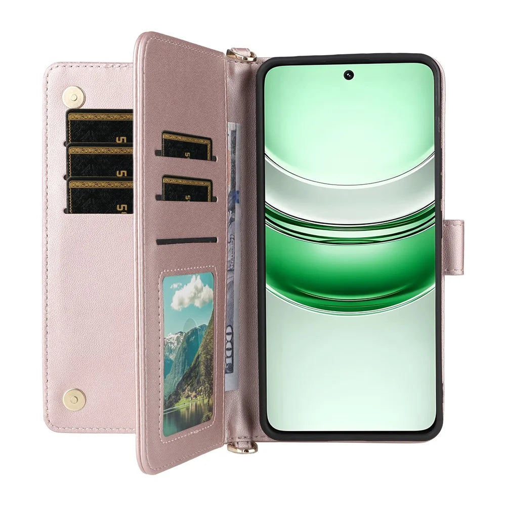 Phone Case For Realme C73 5G / 14x 5G / V70 5G / V70s 5G Leather Cover Stand Wallet with Shoulder / Wrist Strap - Pink - 2