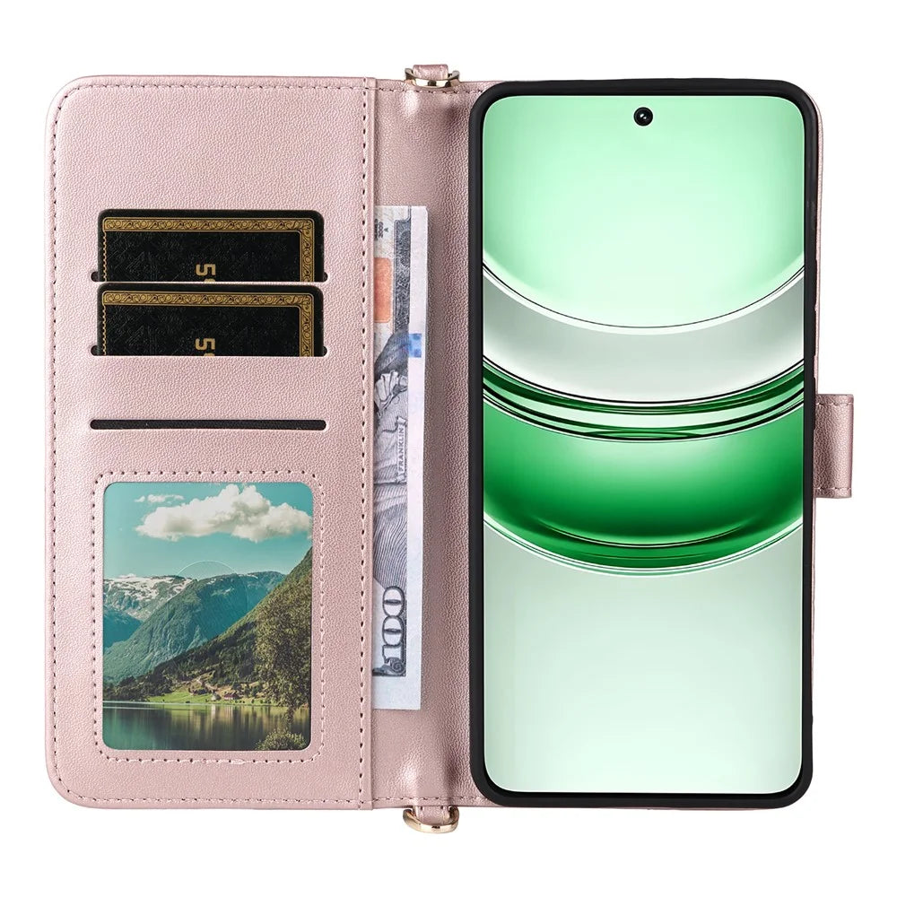 Phone Case For Realme C73 5G / 14x 5G / V70 5G / V70s 5G Leather Cover Stand Wallet with Shoulder / Wrist Strap - Pink - 4