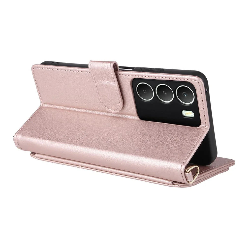 Phone Case For Realme C73 5G / 14x 5G / V70 5G / V70s 5G Leather Cover Stand Wallet with Shoulder / Wrist Strap - Pink - 6