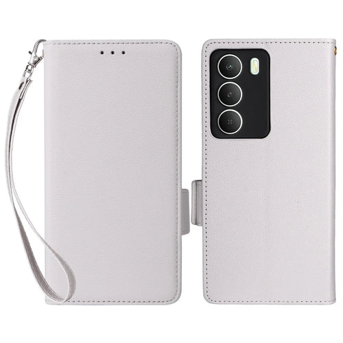 Phone Case For Realme C73 5G / 14x 5G / V70 5G / V70s 5G Litchi Texture PU Leather Wallet Cover with Wrist Strap - White - 1