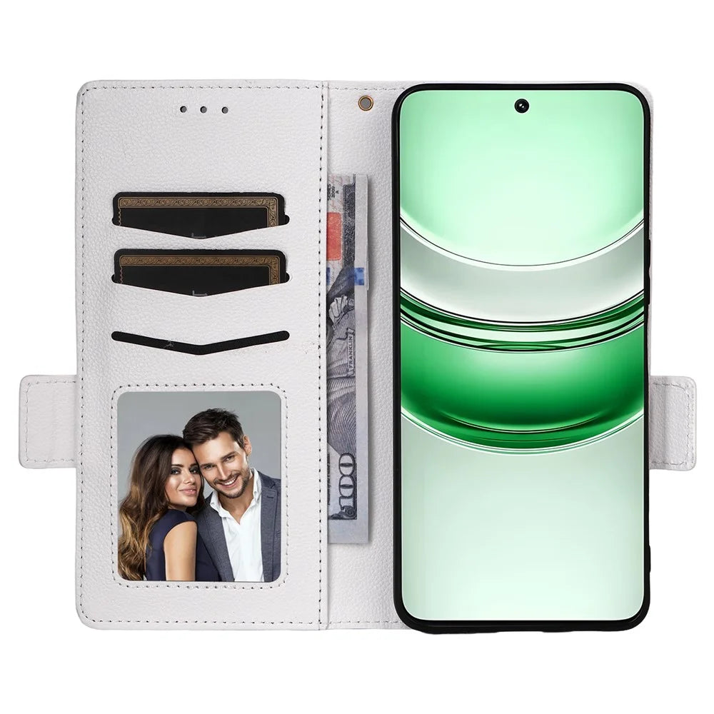 Phone Case For Realme C73 5G / 14x 5G / V70 5G / V70s 5G Litchi Texture PU Leather Wallet Cover with Wrist Strap - White - 2