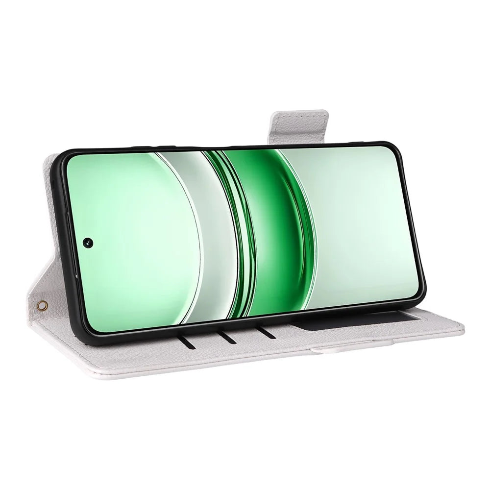 Phone Case For Realme C73 5G / 14x 5G / V70 5G / V70s 5G Litchi Texture PU Leather Wallet Cover with Wrist Strap - White - 4