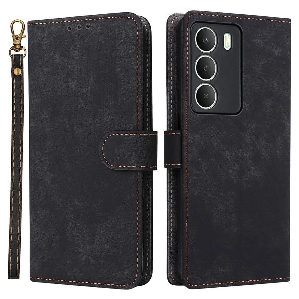 Phone Case For Realme C73 5G / 14x 5G / V70 5G / V70s 5G Wallet RFID Blocking PU Leather Cover Stand with Strap - Black - 1