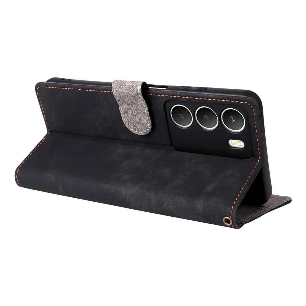 Phone Case For Realme C73 5G / 14x 5G / V70 5G / V70s 5G Wallet RFID Blocking PU Leather Cover Stand with Strap - Black - 4