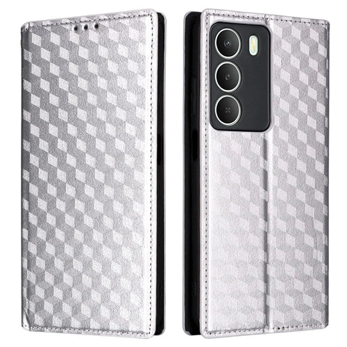 Phone Case For Realme C73 5G / 14x 5G / V70 5G / V70s 5G Wallet Rhombus Imprinted Leather Cover - Silver - 1