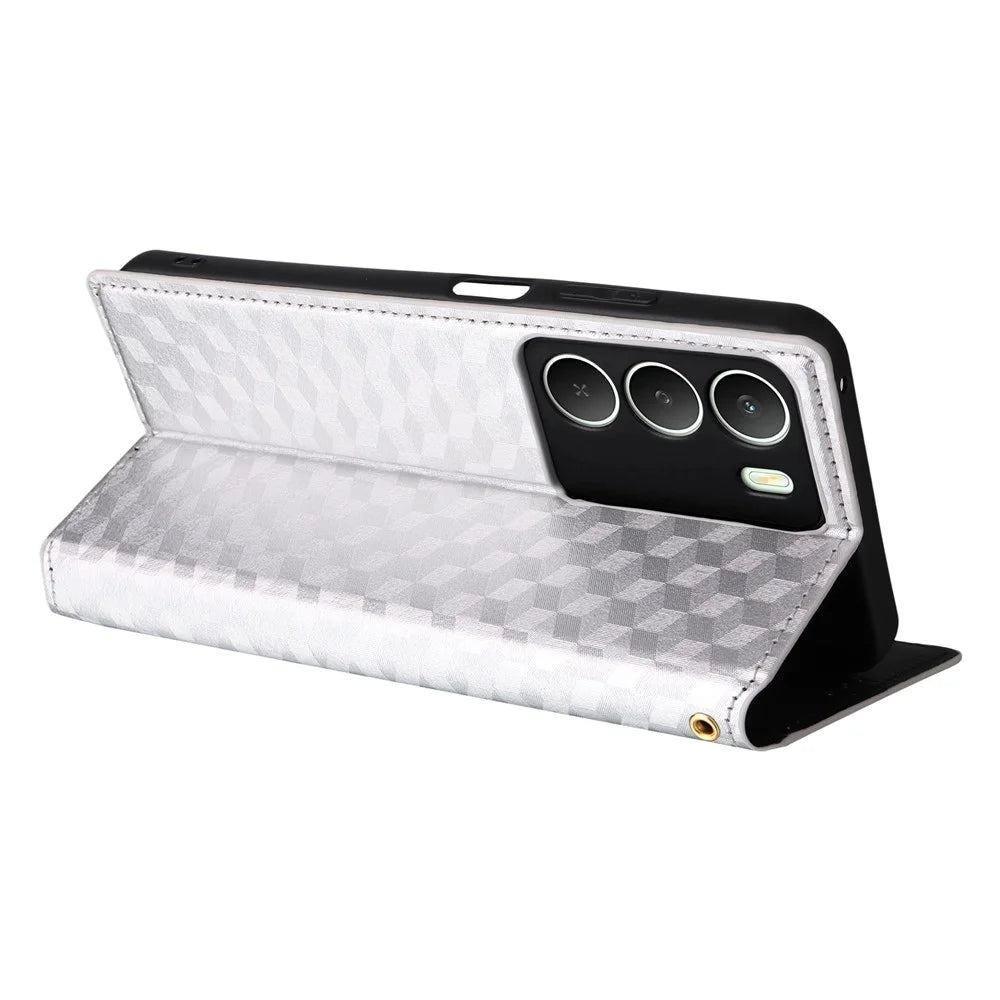 Phone Case For Realme C73 5G / 14x 5G / V70 5G / V70s 5G Wallet Rhombus Imprinted Leather Cover - Silver - 4