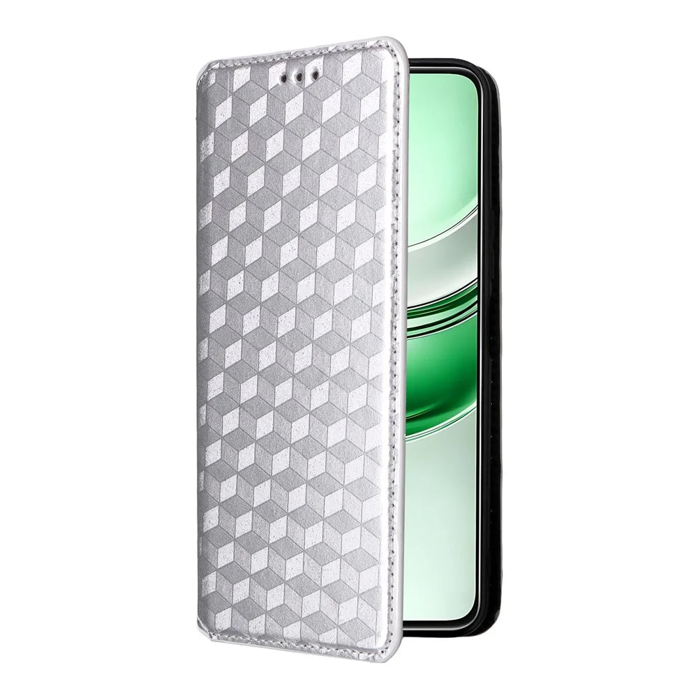 Phone Case For Realme C73 5G / 14x 5G / V70 5G / V70s 5G Wallet Rhombus Imprinted Leather Cover - Silver - 6