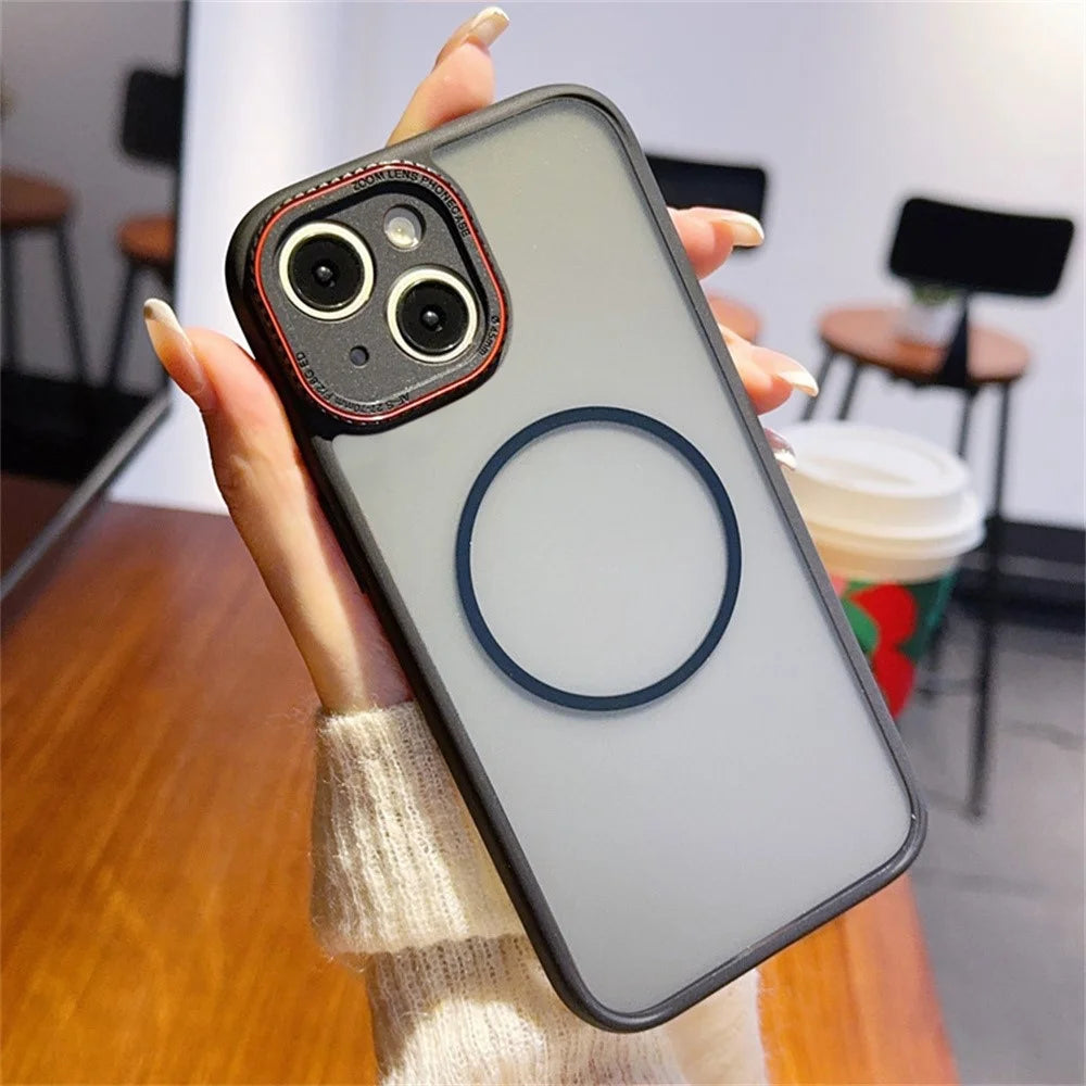 For iPhone 15 Case Compatible with MagSafe Red Lens Ring Shockproof TPU + PC Translucent Phone Cover - 1