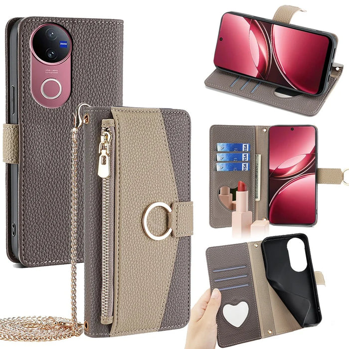 For vivo V50 5G Case Mirror Wallet Leather Phone Cover with Chain Shoulder Strap - Grey - 1