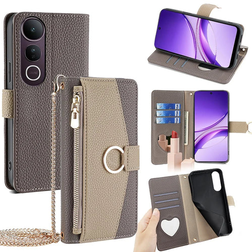 For vivo V50 Lite 5G Case Mirror Wallet Leather Phone Cover with Chain Shoulder Strap - Grey - 1
