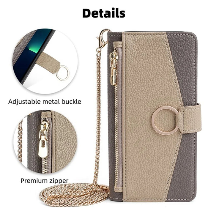 For vivo Y29 4G Case Mirror Wallet Leather Phone Cover with Chain Shoulder Strap - Grey - 7