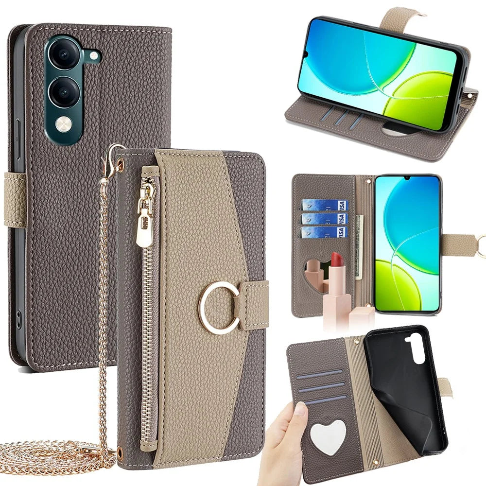 For vivo Y29s 5G / Y04 4G Case Mirror Wallet Leather Phone Cover with Chain Shoulder Strap - Grey - 1