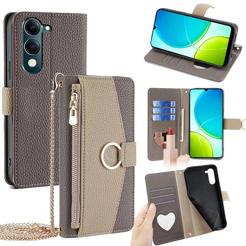For vivo Y29s 5G / Y04 4G Case Mirror Wallet Leather Phone Cover with Chain Shoulder Strap - Grey - 1
