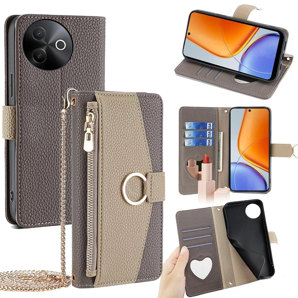 For vivo Y39 5G Case Mirror Wallet Leather Phone Cover with Chain Shoulder Strap - Grey - 1