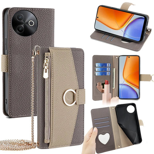 For vivo Y39 5G Case Mirror Wallet Leather Phone Cover with Chain Shoulder Strap - Grey - 1
