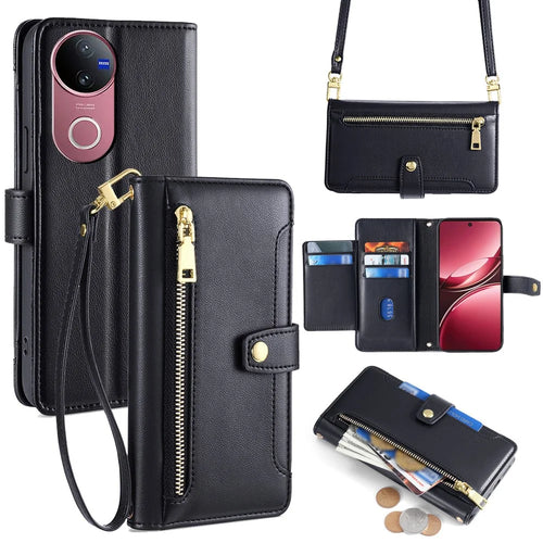 For vivo V50 5G Leather Case Zipper Pocket Wallet Phone Cover with 2 Straps - Black - 1