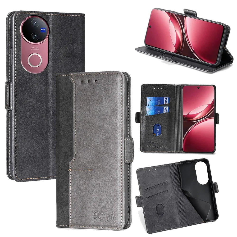 For vivo V50 5G Case Contrast Color Wallet Leather Phone Cover - Black + Grey - 1