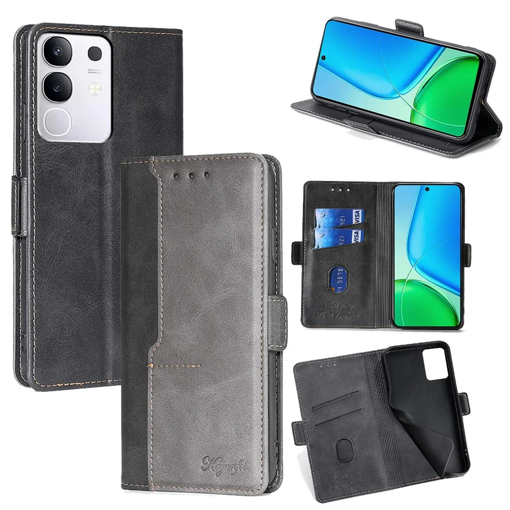 For vivo Y29 4G Case Contrast Color Wallet Leather Phone Cover - Black + Grey - 1