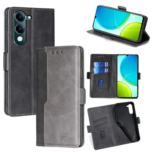 For vivo Y29s 5G Case Contrast Color Wallet Leather Phone Cover - Black + Grey - 1