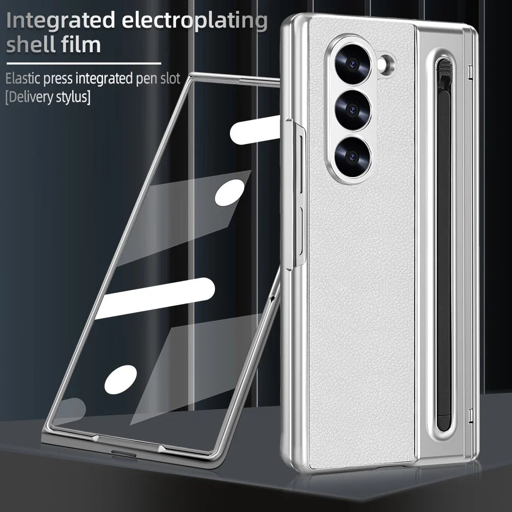 For Samsung Galaxy Z Fold6 5G Case with Screen Film / Stylus Hinge Protection Electroplated PU + PC Phone Cover - White - 2