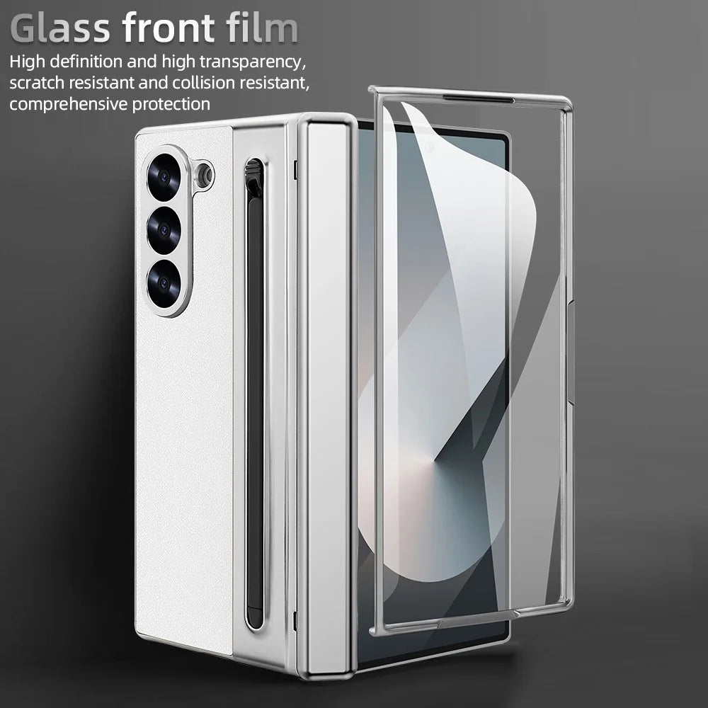 For Samsung Galaxy Z Fold6 5G Case with Screen Film / Stylus Hinge Protection Electroplated PU + PC Phone Cover - White - 6