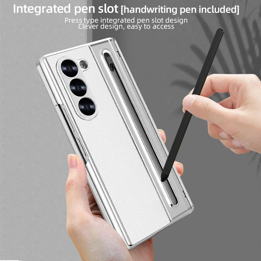 For Samsung Galaxy Z Fold6 5G Case with Screen Film / Stylus Hinge Protection Electroplated PU + PC Phone Cover - White - 7