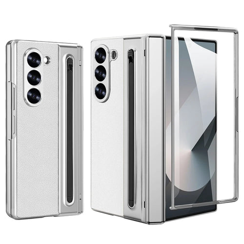 For Samsung Galaxy Z Fold5 5G Case with Screen Film / Stylus Hinge Protection Electroplated PU + PC Phone Cover - White - 1