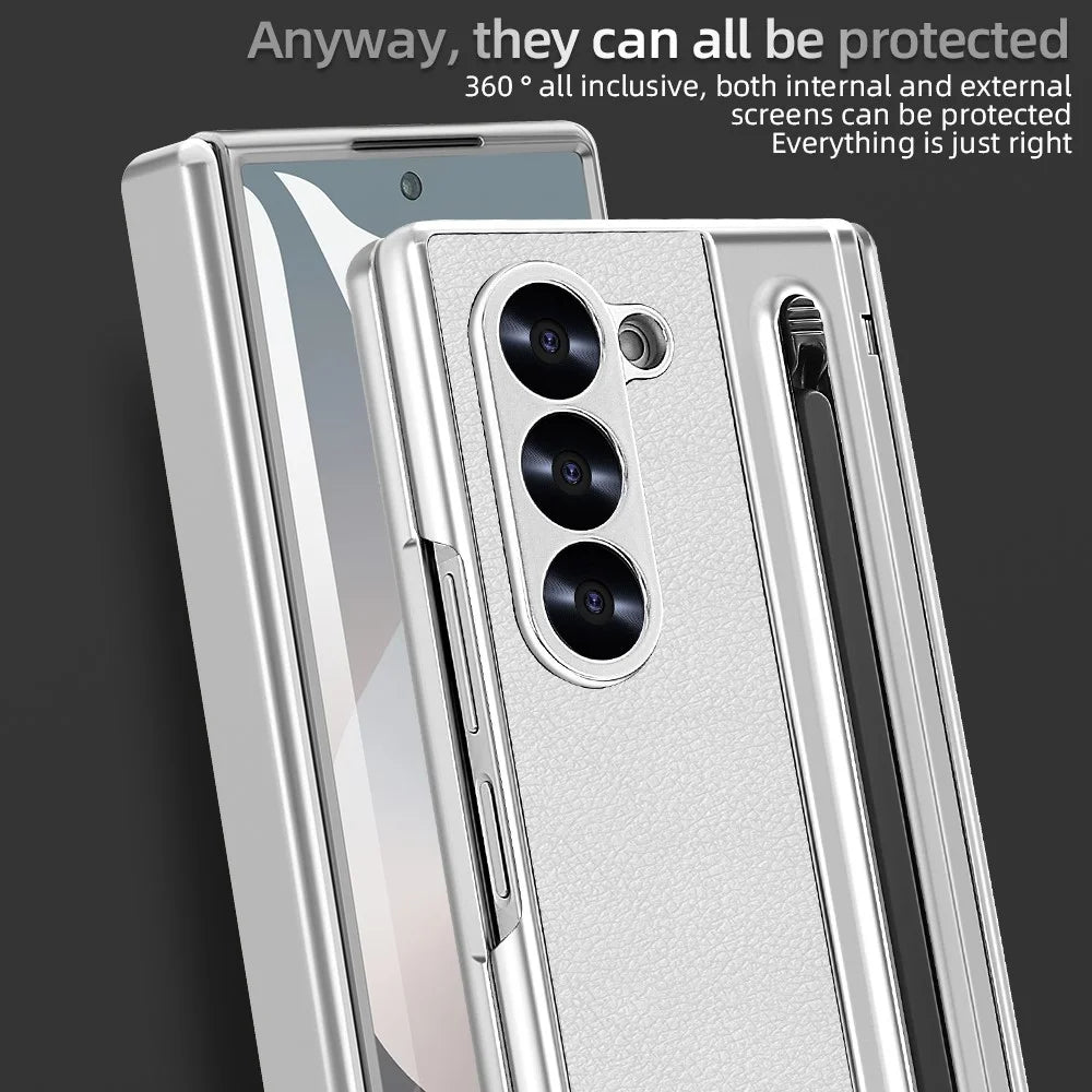 For Samsung Galaxy Z Fold5 5G Case with Screen Film / Stylus Hinge Protection Electroplated PU + PC Phone Cover - White - 3