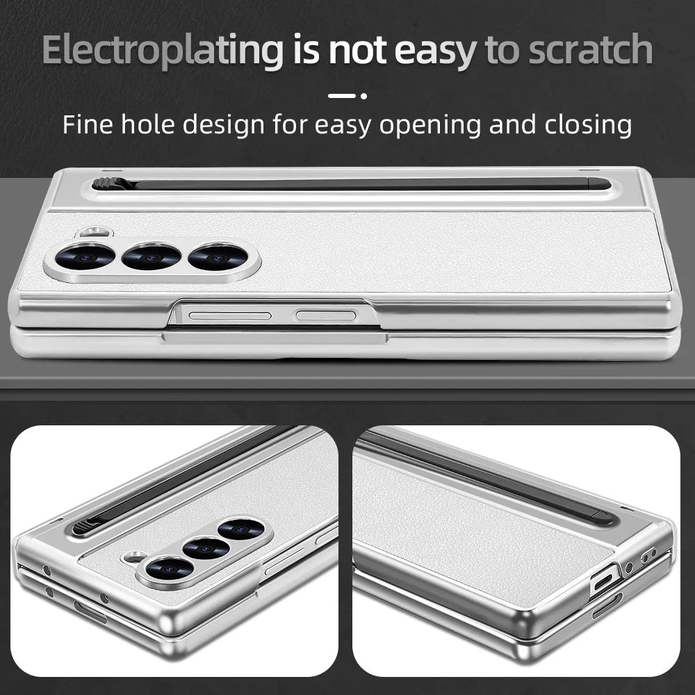 For Samsung Galaxy Z Fold5 5G Case with Screen Film / Stylus Hinge Protection Electroplated PU + PC Phone Cover - White - 4
