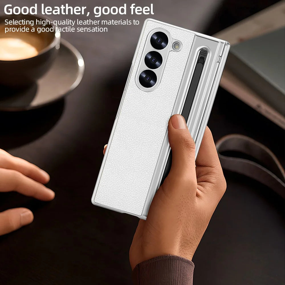 For Samsung Galaxy Z Fold5 5G Case with Screen Film / Stylus Hinge Protection Electroplated PU + PC Phone Cover - White - 5