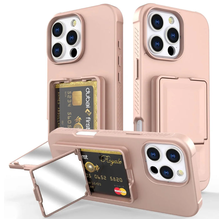 For iPhone 16 Pro Max Case Skin-Touch Card Holder TPU + PC Phone Cover with Mirror Kickstand - Rose Gold - 1
