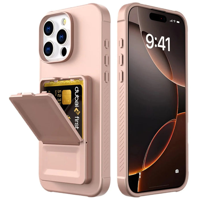 For iPhone 16 Pro Max Case Skin-Touch Card Holder TPU + PC Phone Cover with Mirror Kickstand - Rose Gold - 2
