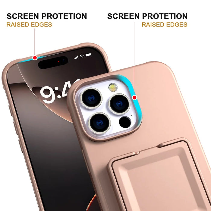 For iPhone 16 Pro Max Case Skin-Touch Card Holder TPU + PC Phone Cover with Mirror Kickstand - Rose Gold - 3