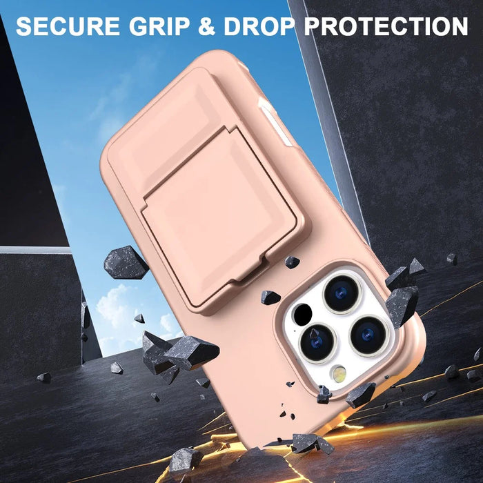 For iPhone 16 Pro Max Case Skin-Touch Card Holder TPU + PC Phone Cover with Mirror Kickstand - Rose Gold - 5