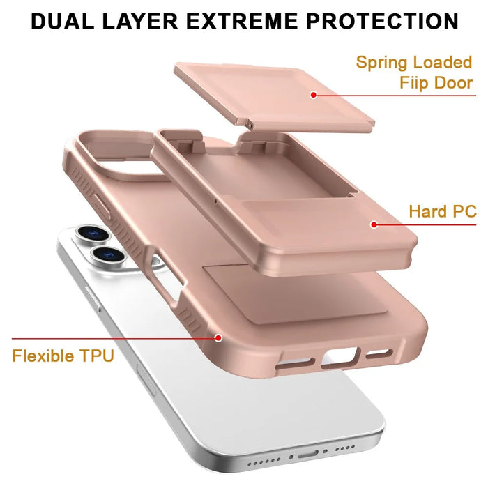 For iPhone 16 Pro Max Case Skin-Touch Card Holder TPU + PC Phone Cover with Mirror Kickstand - Rose Gold - 7