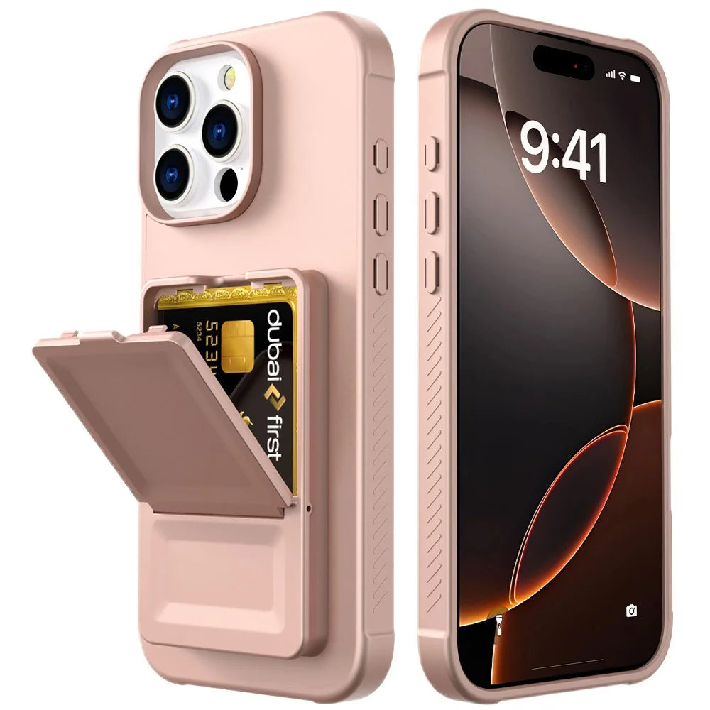 For iPhone 16 Pro Case Skin-Touch Card Holder TPU + PC Phone Cover with Mirror Kickstand - Rose Gold - 2