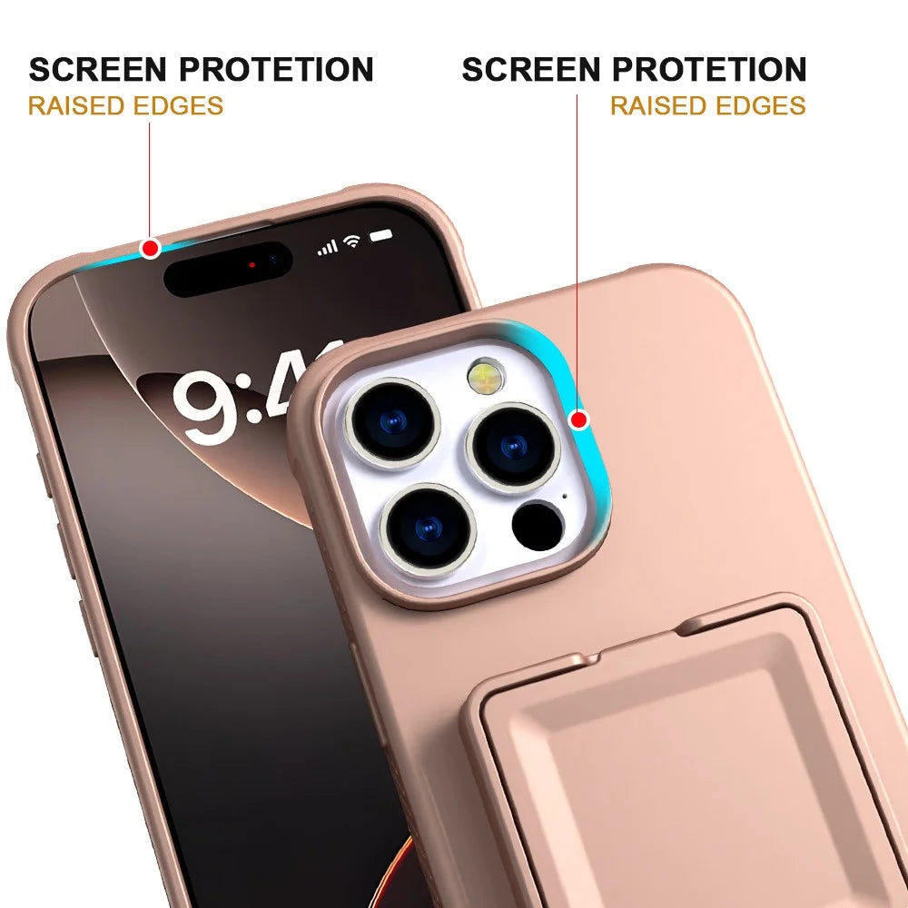 For iPhone 16 Pro Case Skin-Touch Card Holder TPU + PC Phone Cover with Mirror Kickstand - Rose Gold - 3