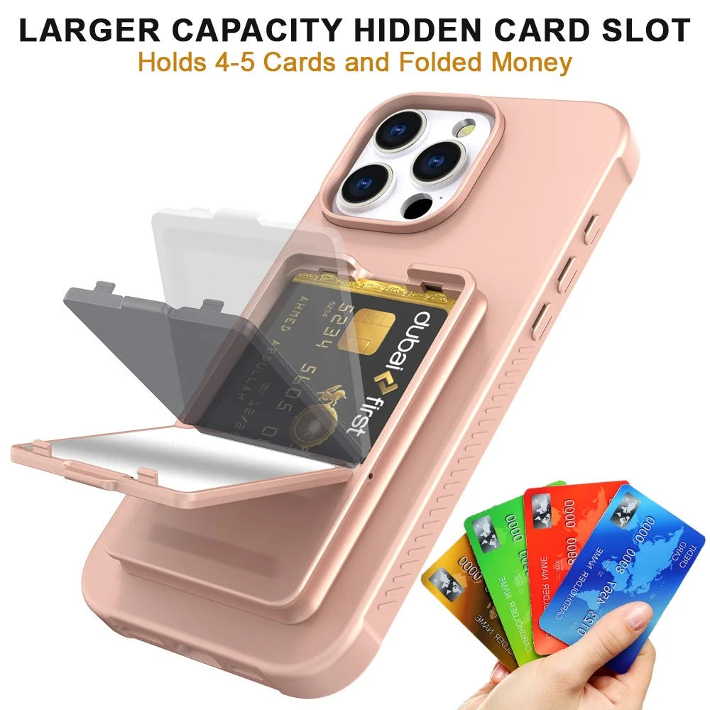 For iPhone 16 Pro Case Skin-Touch Card Holder TPU + PC Phone Cover with Mirror Kickstand - Rose Gold - 4