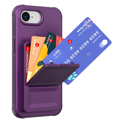 For iPhone 17e / 16e Case Skin-Touch Card Holder TPU + PC Phone Cover with Mirror Kickstand - Dark Purple - 1
