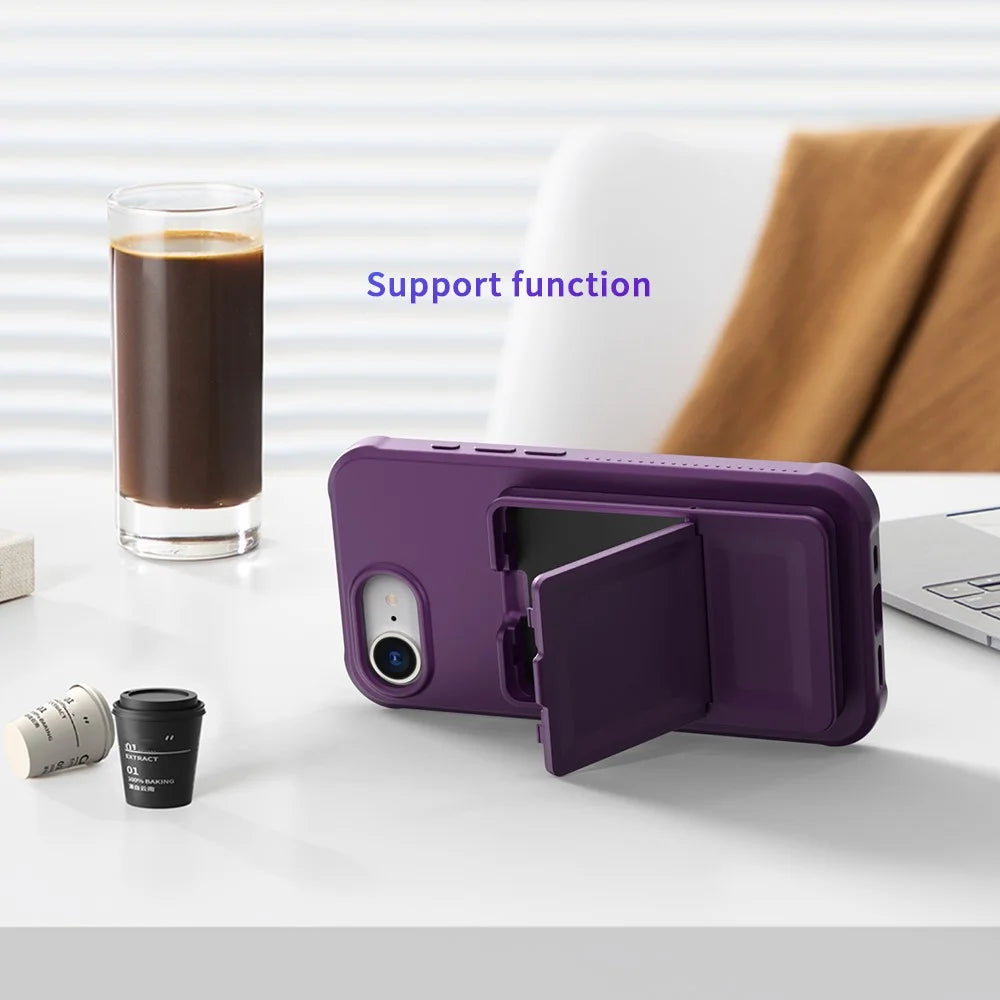 For iPhone 17e / 16e Case Skin-Touch Card Holder TPU + PC Phone Cover with Mirror Kickstand - Dark Purple - 3