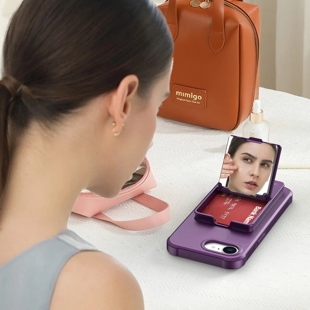 For iPhone 17e / 16e Case Skin-Touch Card Holder TPU + PC Phone Cover with Mirror Kickstand - Dark Purple - 4