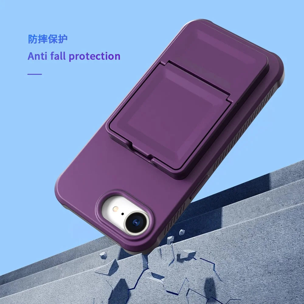 For iPhone 17e / 16e Case Skin-Touch Card Holder TPU + PC Phone Cover with Mirror Kickstand - Dark Purple - 6