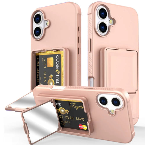 For iPhone 16 Plus Case Skin-Touch Card Holder TPU + PC Phone Cover with Mirror Kickstand - Rose Gold - 1