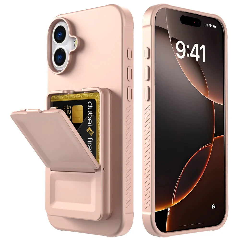 For iPhone 16 Plus Case Skin-Touch Card Holder TPU + PC Phone Cover with Mirror Kickstand - Rose Gold - 2