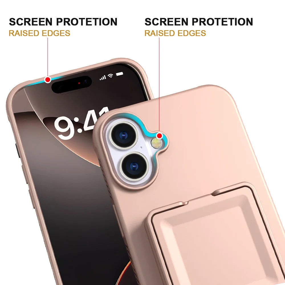 For iPhone 16 Plus Case Skin-Touch Card Holder TPU + PC Phone Cover with Mirror Kickstand - Rose Gold - 3