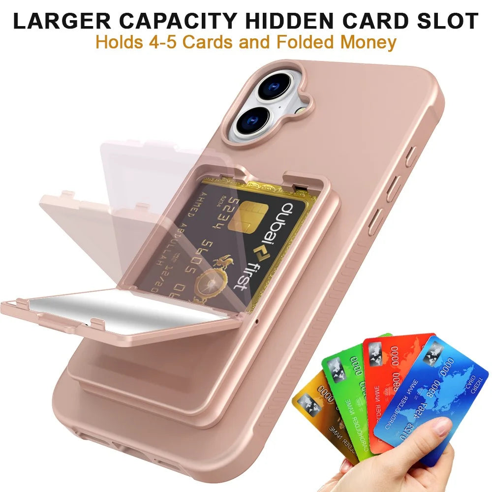 For iPhone 16 Plus Case Skin-Touch Card Holder TPU + PC Phone Cover with Mirror Kickstand - Rose Gold - 4