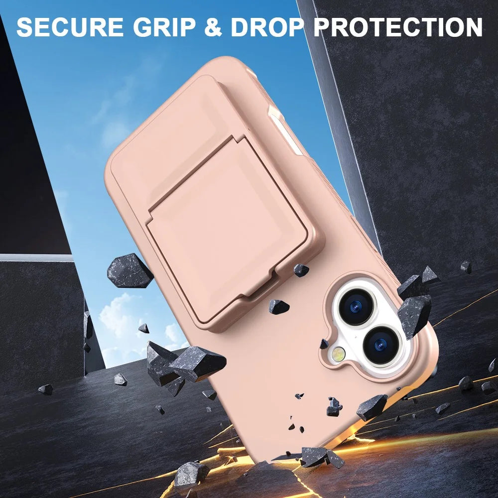 For iPhone 16 Plus Case Skin-Touch Card Holder TPU + PC Phone Cover with Mirror Kickstand - Rose Gold - 5
