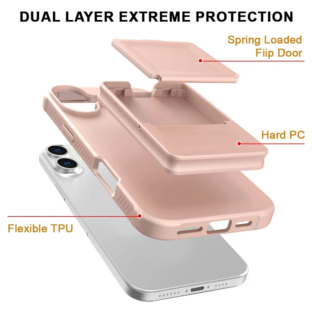 For iPhone 16 Plus Case Skin-Touch Card Holder TPU + PC Phone Cover with Mirror Kickstand - Rose Gold - 7